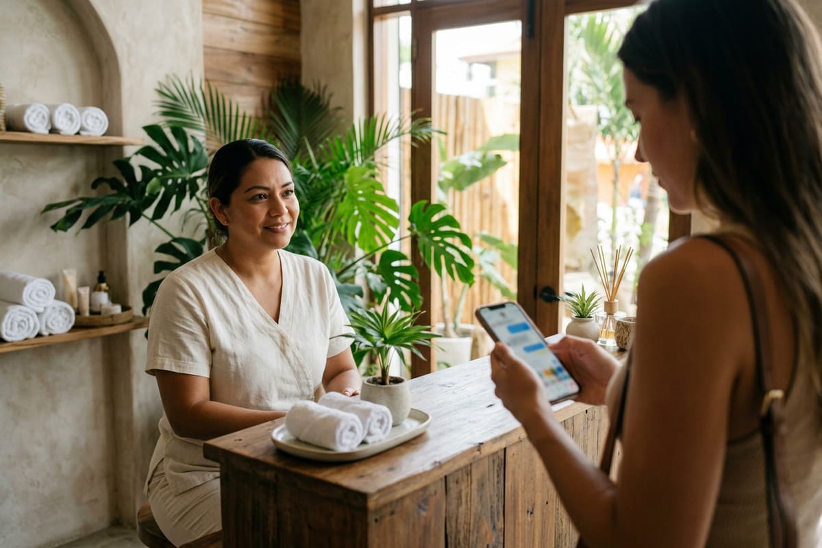Clienta agenda y paga un anticipo desde el celular mientras la recepcionista del spa no tiene que intervenir