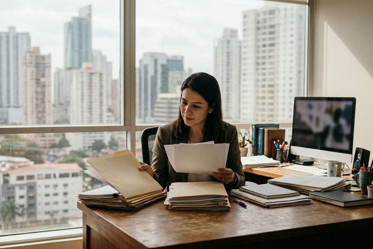 Abogada revisando expedientes de distintas áreas de práctica en su despacho de Ciudad de Panamá.