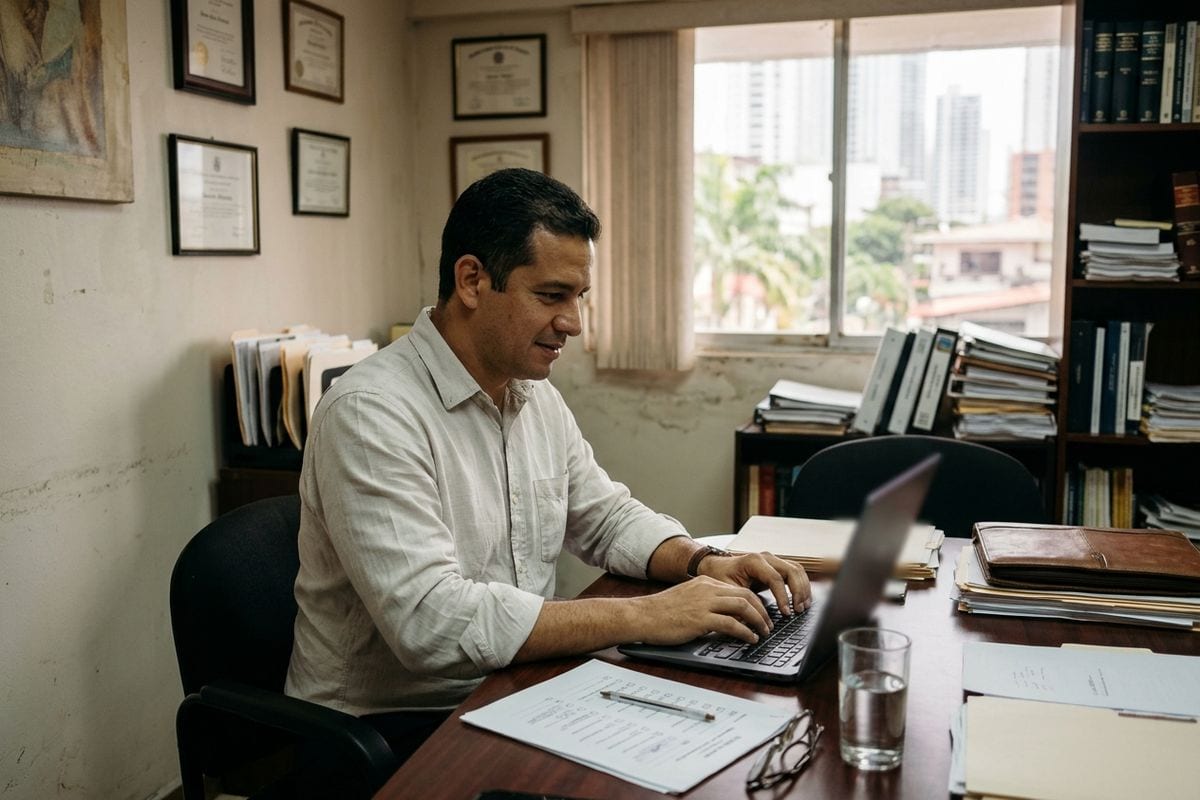 Abogado escribiendo en su laptop una explicación de un trámite para la web de su firma.