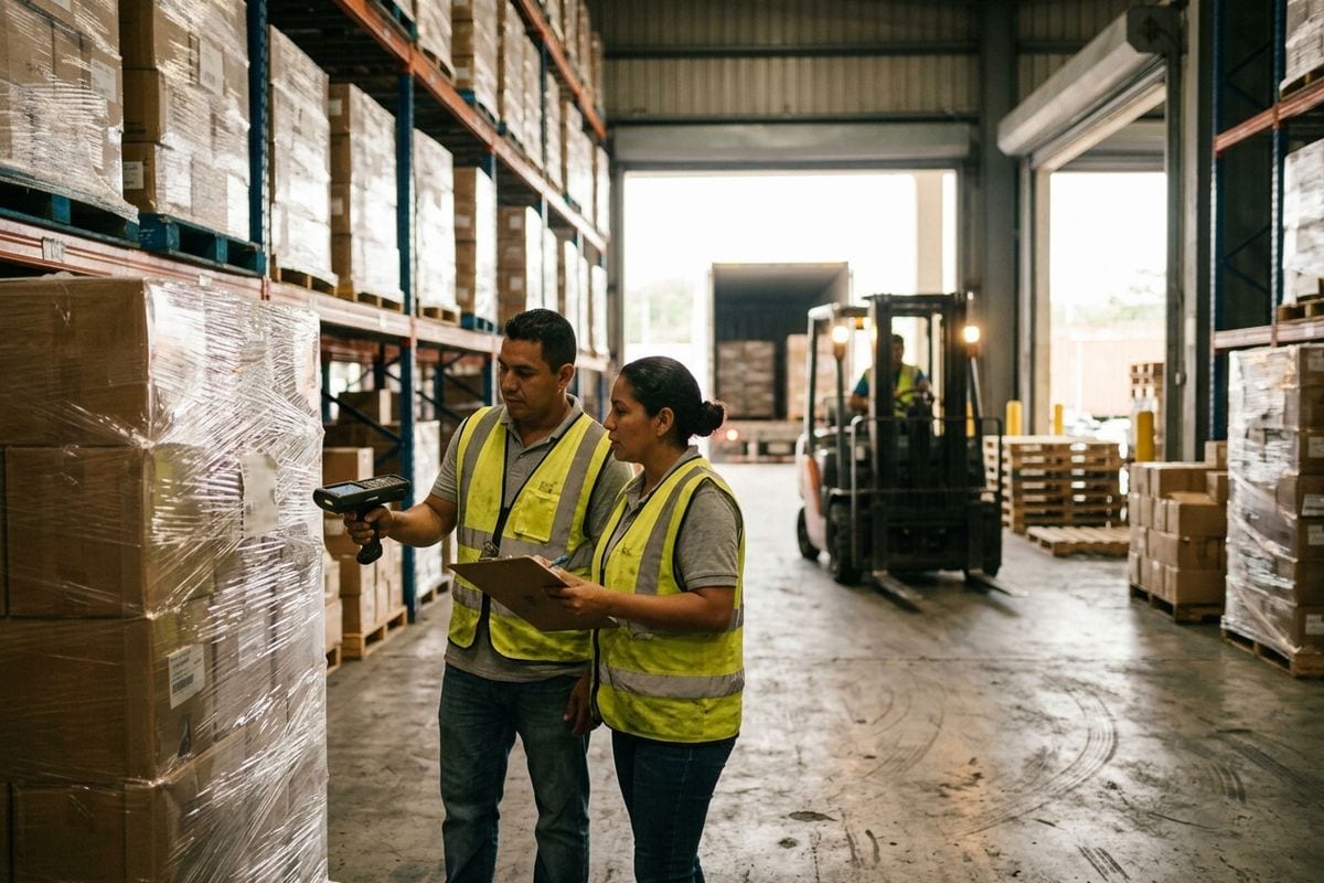 Trabajadores revisan pallets de mercancía en una bodega de la Zona Libre de Colón.