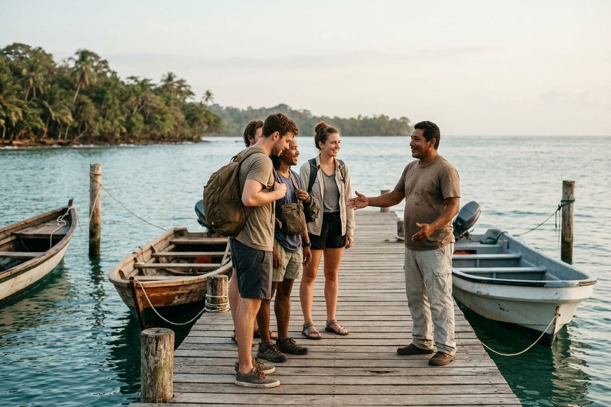 Guía de tours atiende en el muelle a viajeros que ya reservaron su salida a San Blas.