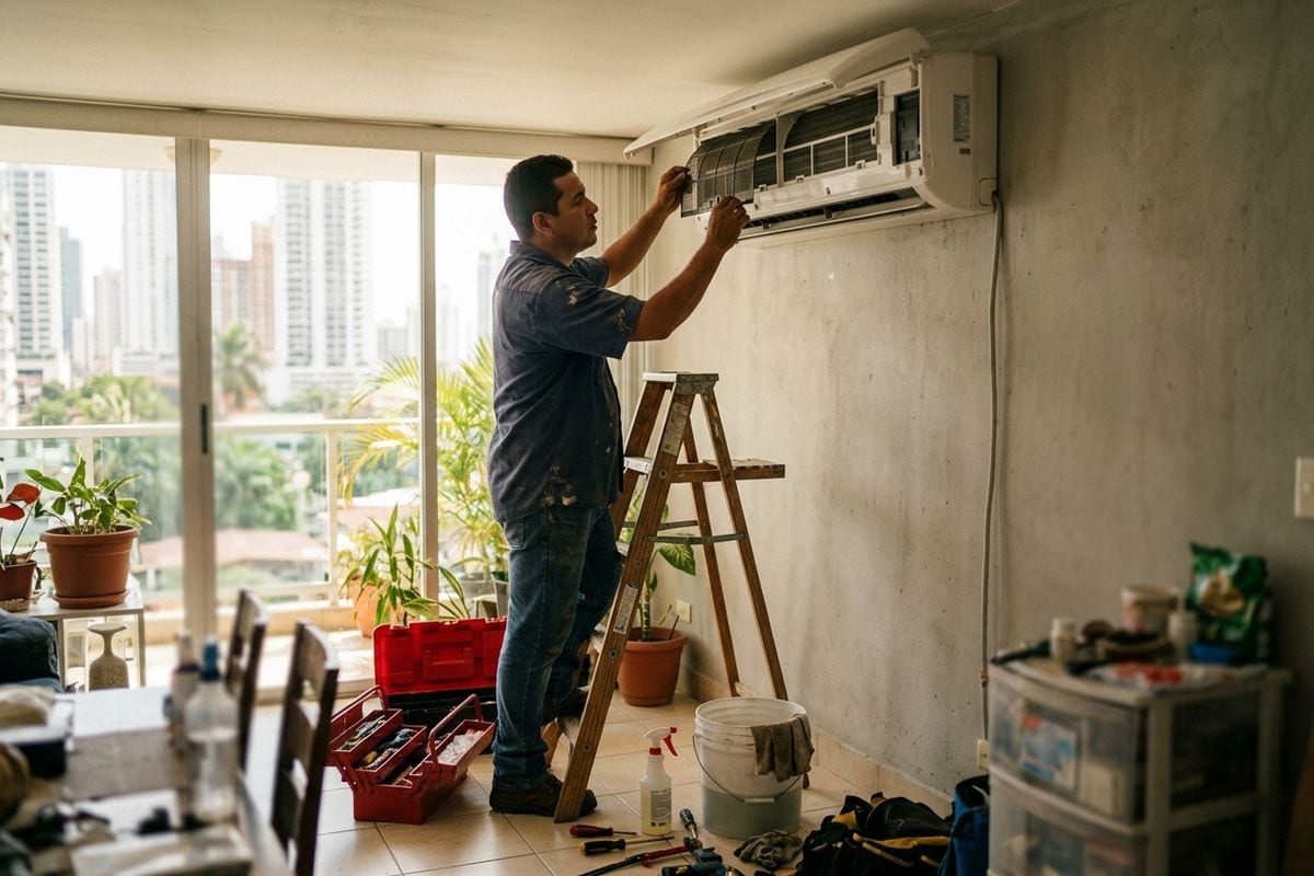 Un técnico limpia la unidad interior de un aire acondicionado tipo split en un apartamento de Ciudad de Panamá.
