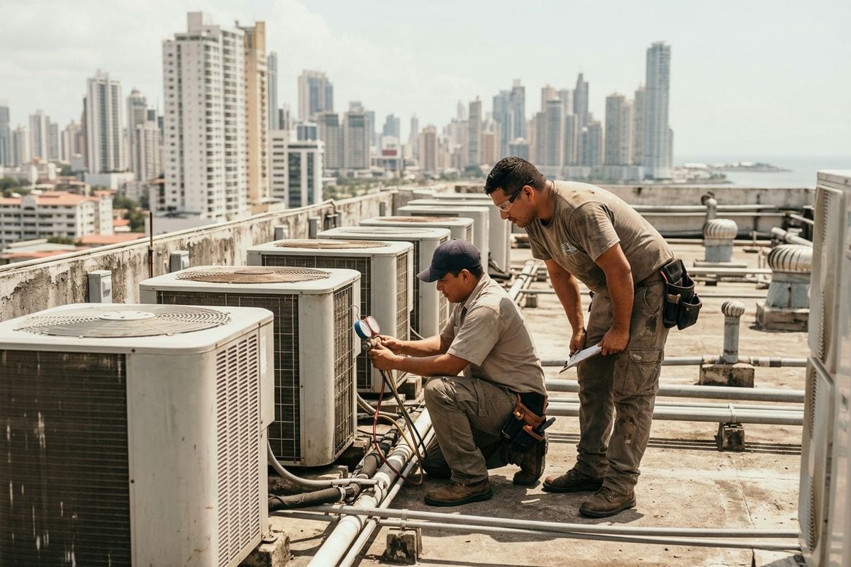 Dos técnicos revisan condensadoras de aire acondicionado en la azotea de un edificio en Panamá.