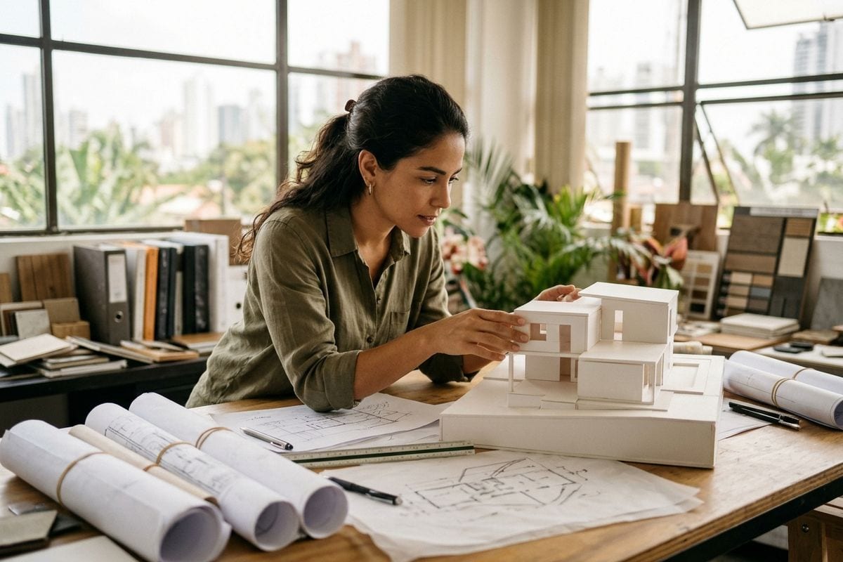 Arquitecta revisa en su estudio los planos y la maqueta de un proyecto terminado.