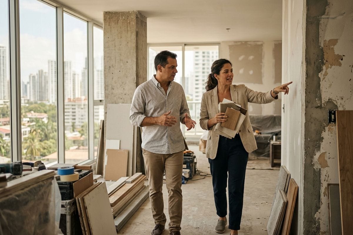 Diseñador de interiores visita con su cliente la obra de un apartamento en remodelación.