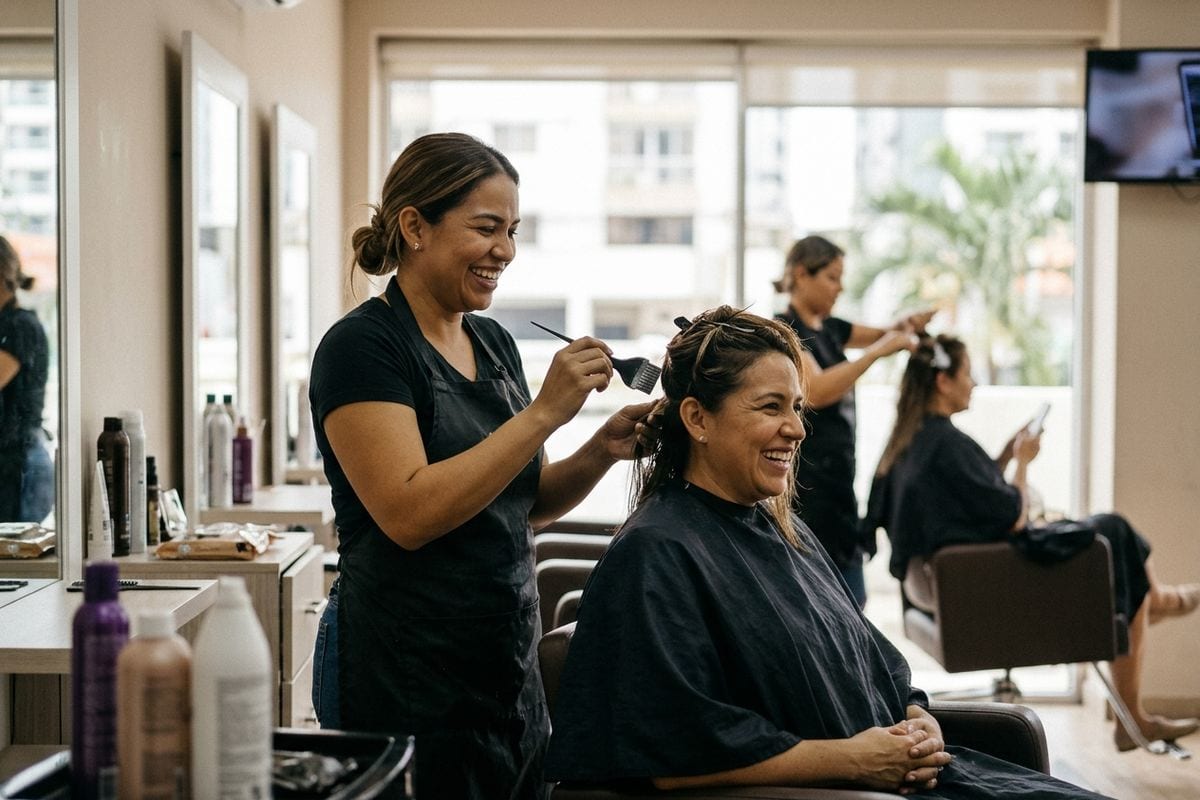 Estilista atendiendo a una clienta habitual en un salón de belleza de Obarrio.