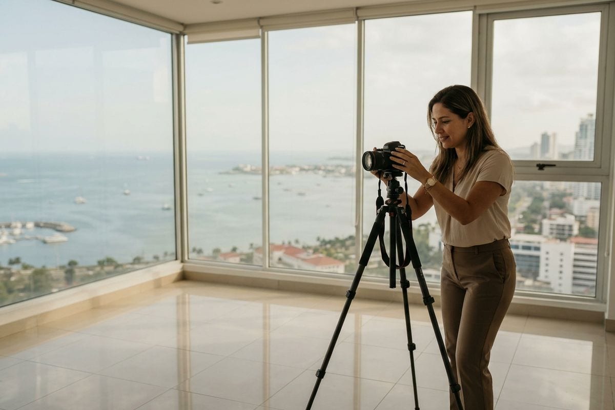 Corredor fotografiando con buena luz la sala de un apartamento en venta para su ficha.