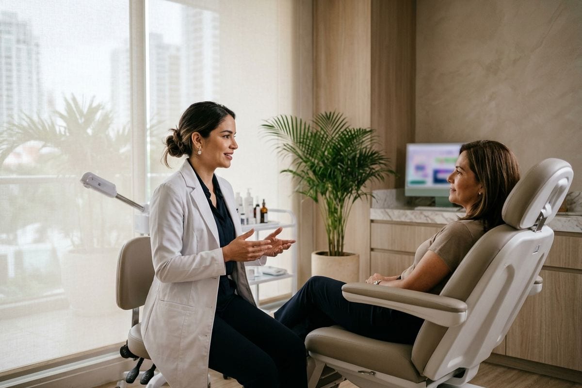 Médica estética conversa con una paciente durante la valoración previa a su tratamiento.