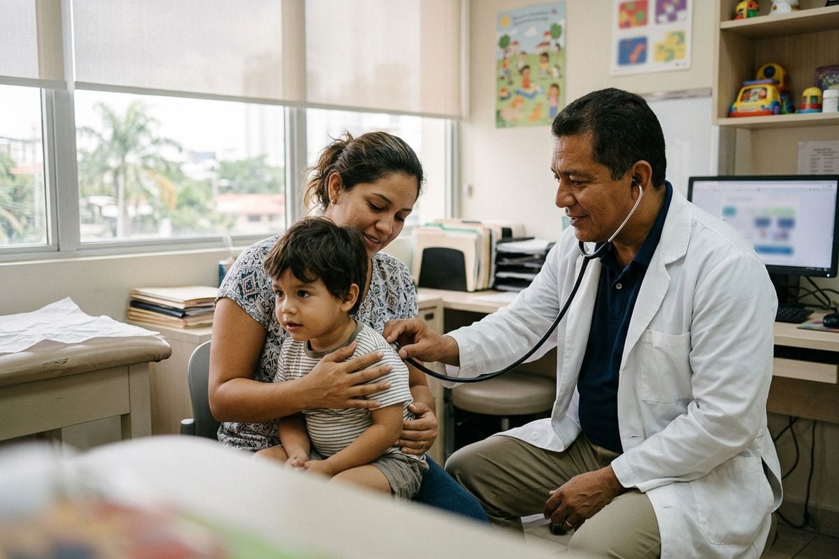 Pediatra atendiendo a una madre y su hijo en un consultorio de su especialidad.