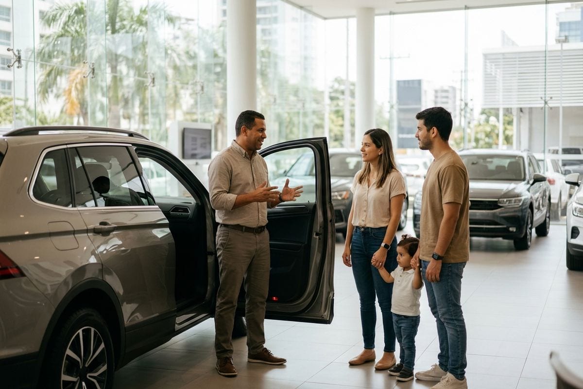 Asesor de ventas recibe en el salón a una familia que ya vio en línea el auto que quiere probar.