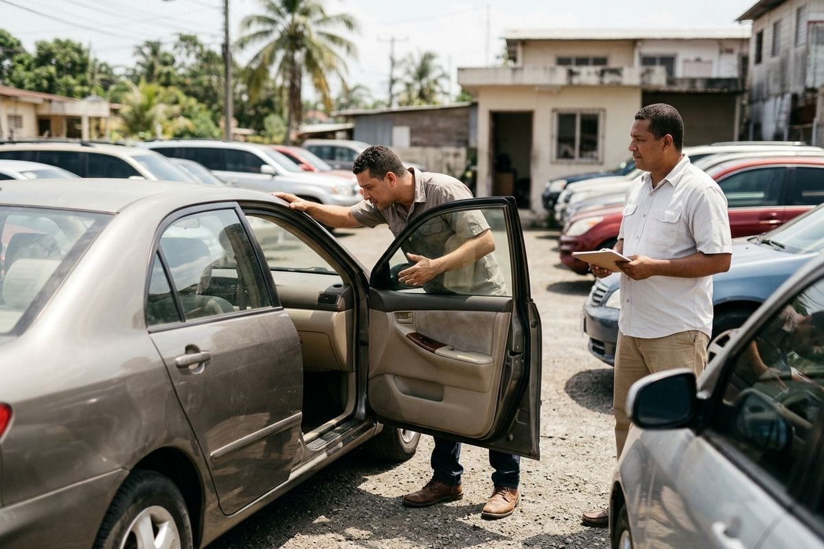 Comprador revisa de cerca un auto usado en el patio del concesionario antes de decidir.