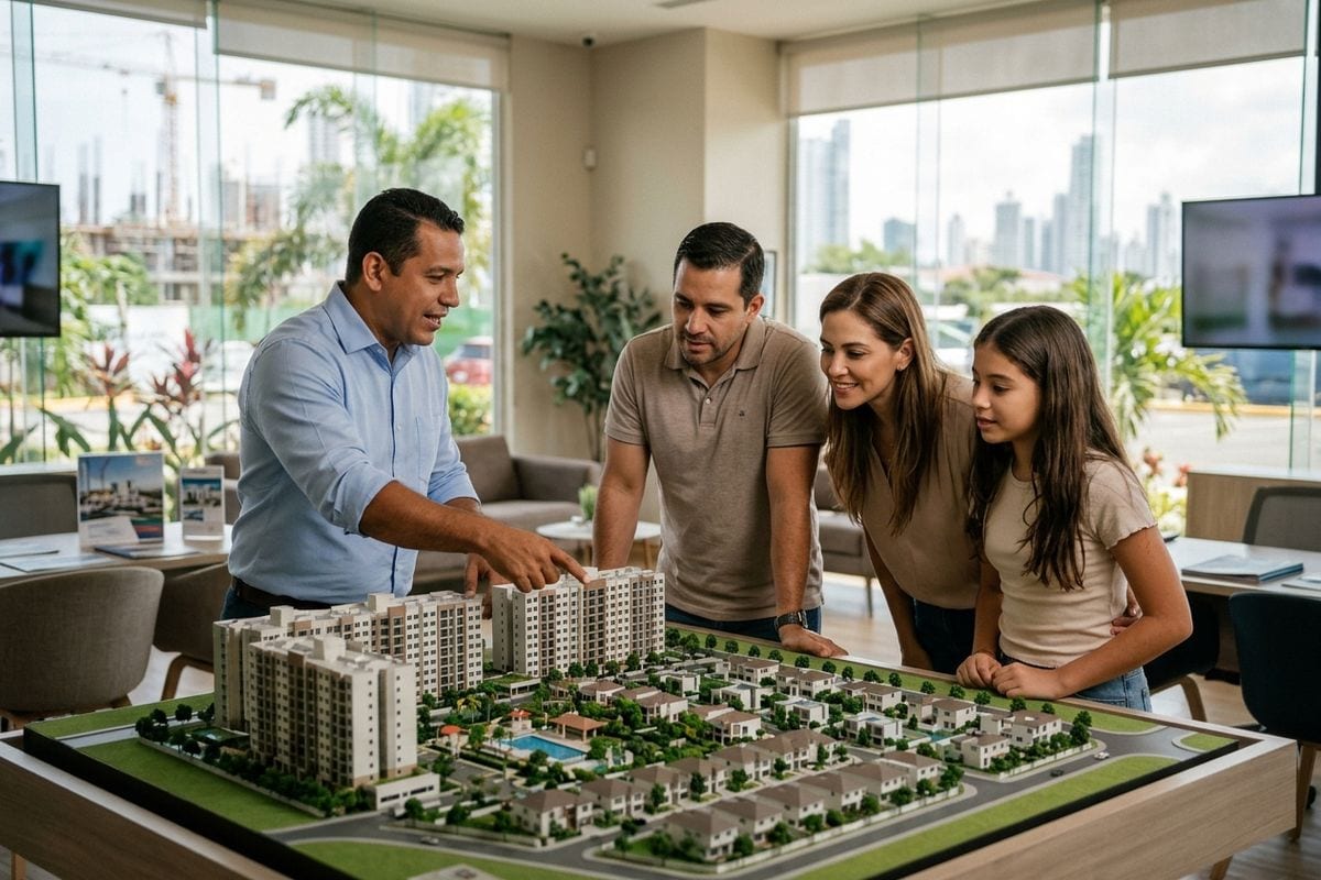 Asesora de ventas mostrando a una familia la maqueta de un proyecto en preventa.
