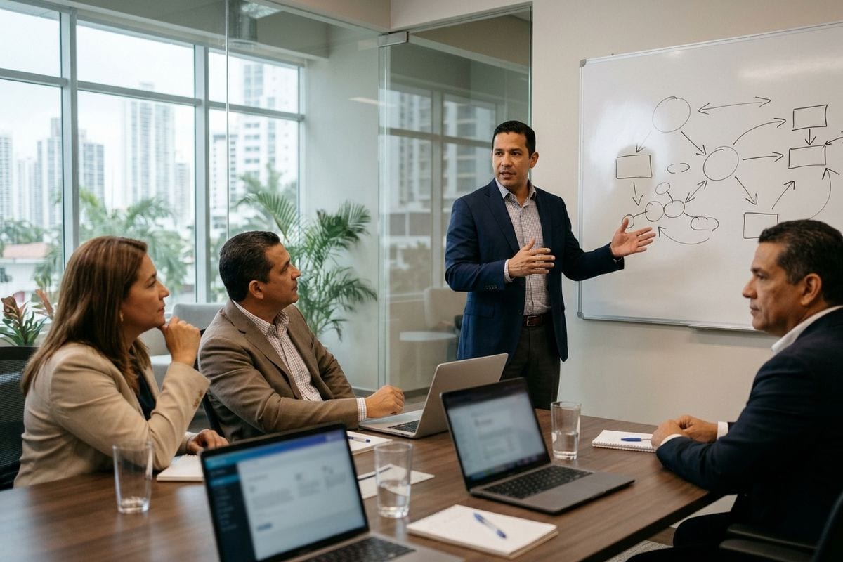 Consultor presenta su análisis a la gerencia de una empresa cliente en una sala de juntas.