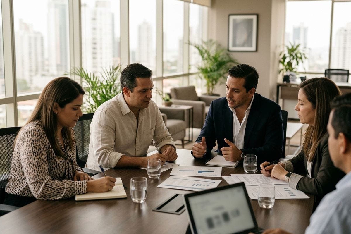 Comité de una empresa discute la propuesta de una consultora antes de aprobarla.