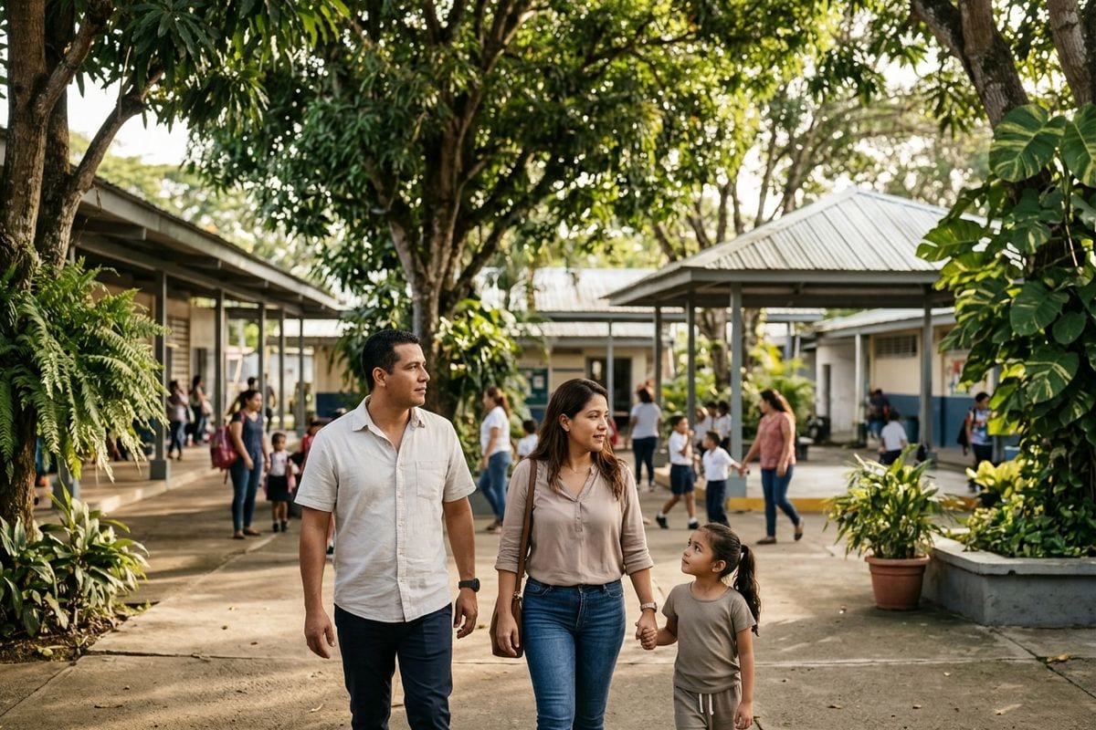 Familia recorriendo el patio de un colegio mientras compara opciones para su hija.