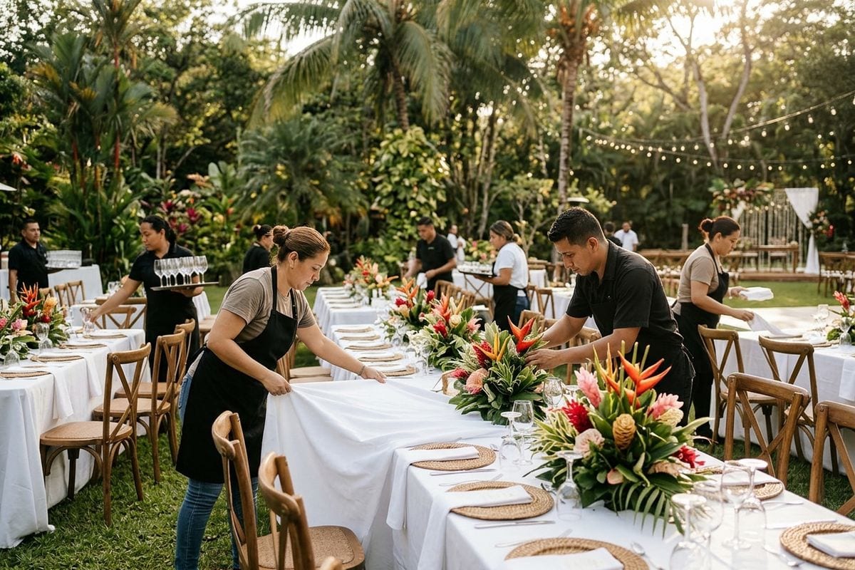 Equipo de catering monta las mesas de una boda al aire libre, el tipo de trabajo que luego se muestra en el portafolio.