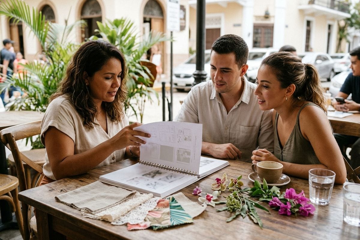 Organizadora de eventos revisa con una pareja las fechas disponibles para su boda.