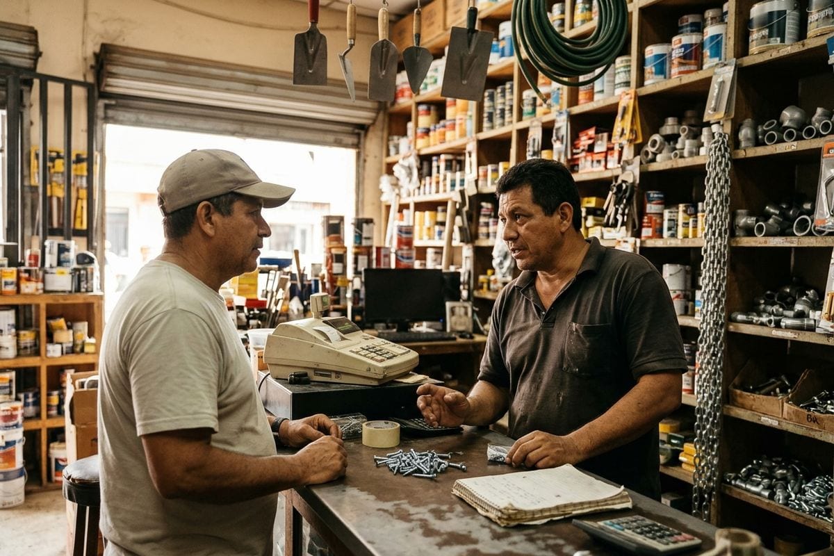 Dependiente de una ferretería de barrio atiende a un cliente en el mostrador.