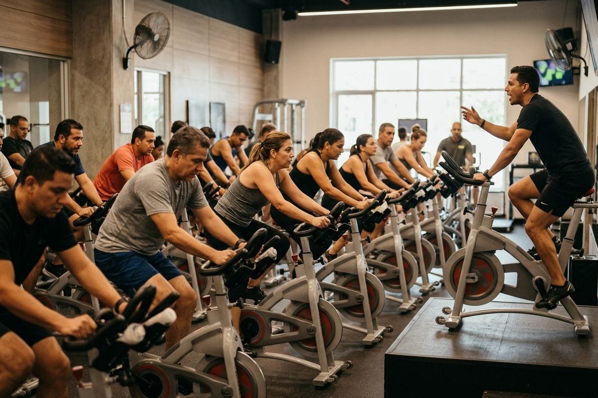Socios en una clase grupal de spinning en un gimnasio de Ciudad de Panamá.