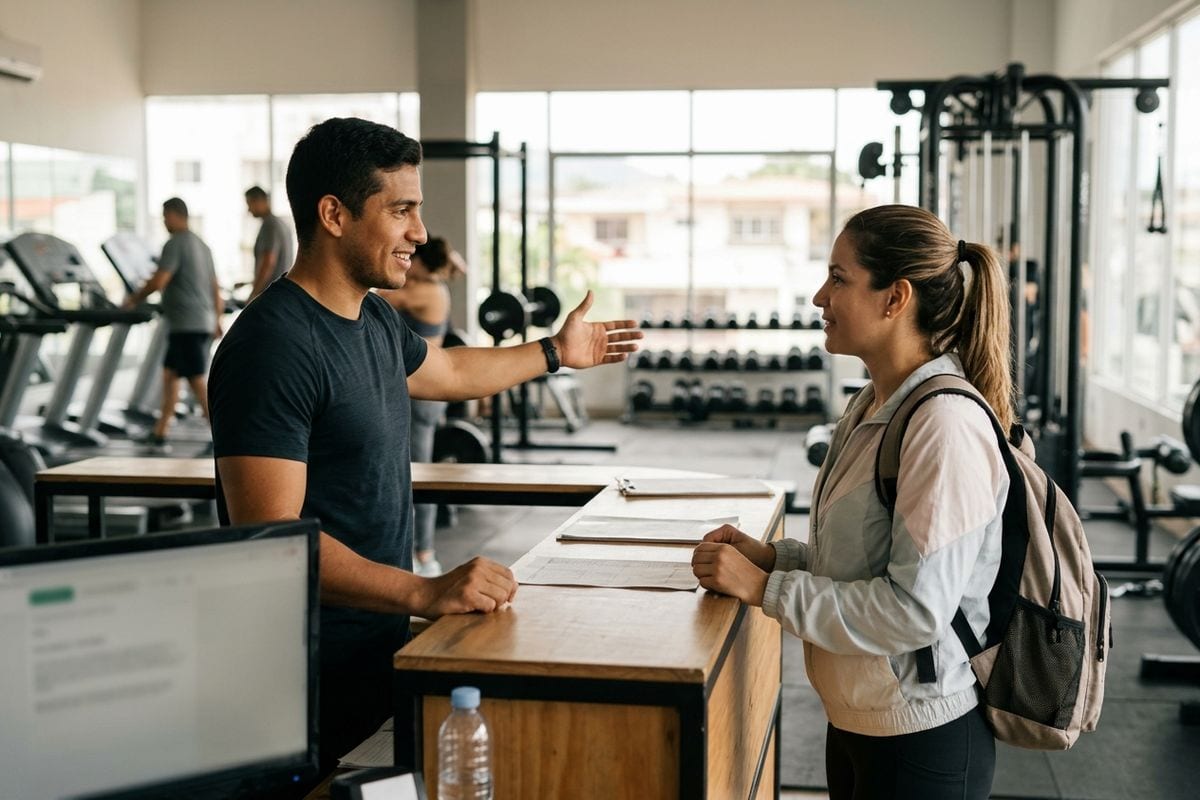 Entrenadora recibiendo a una persona nueva que viene a su día de prueba en el gimnasio.