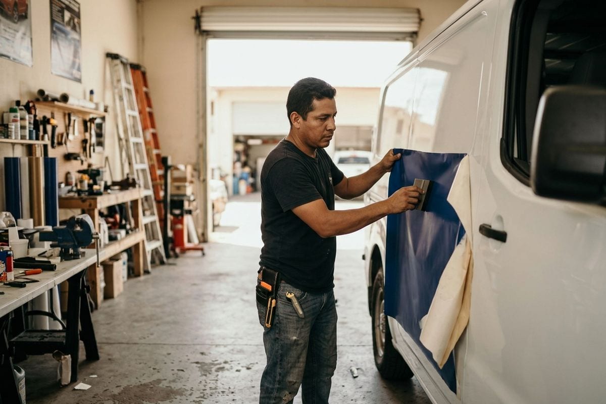 Un instalador aplica vinil de rotulación en la puerta de una camioneta de reparto en Panamá.