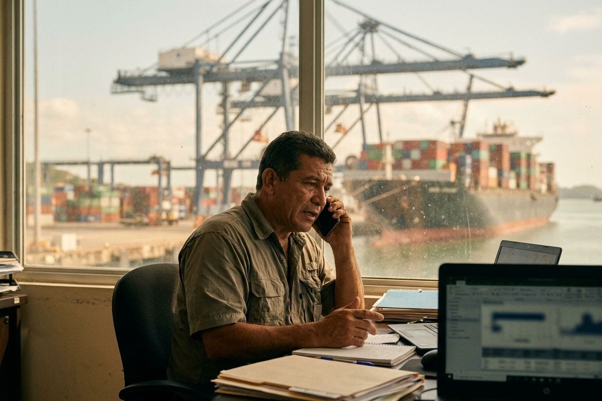 Un coordinador de operaciones marítimas atiende una llamada frente al puerto de Balboa.