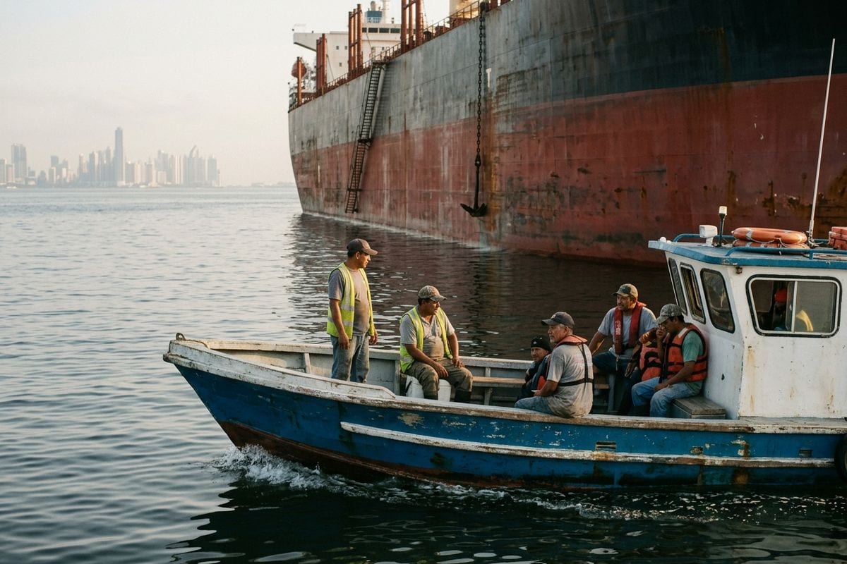 Tripulantes de una lancha de servicio se acercan a un buque fondeado en la bahía de Panamá.