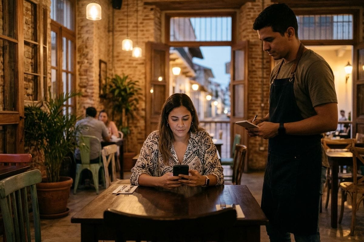 Comensal revisando el menú en su celular en la mesa de un restaurante del Casco Antiguo.