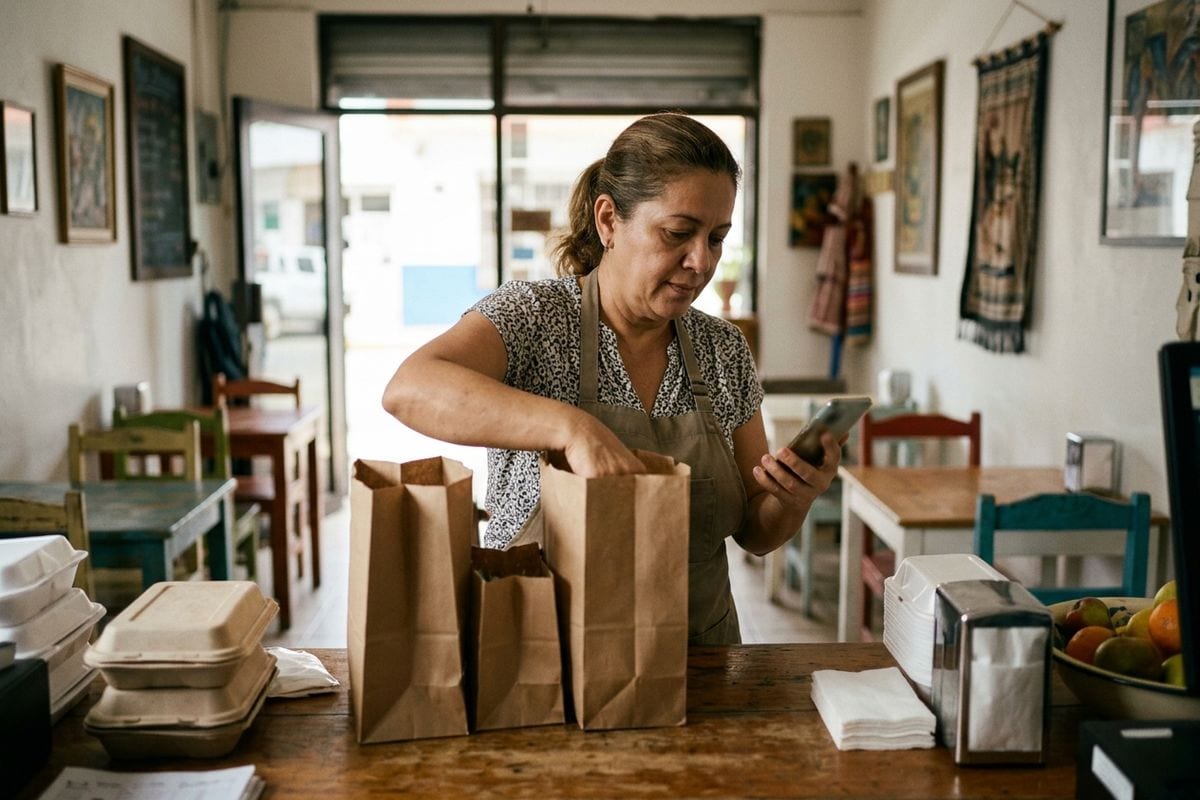 Dueña de restaurante empacando un pedido para llevar en el mostrador de su local.