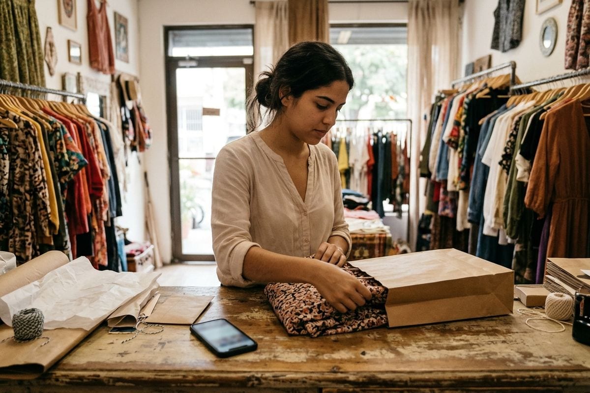 Dueña de una tienda de ropa preparando un pedido online junto a sus percheros.