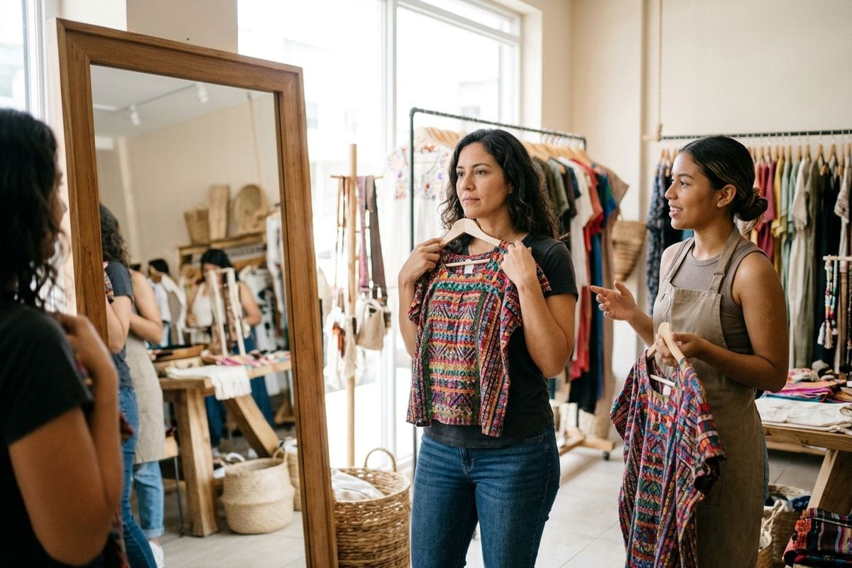 Clienta probándose una prenda frente al espejo de una boutique para elegir su talla.