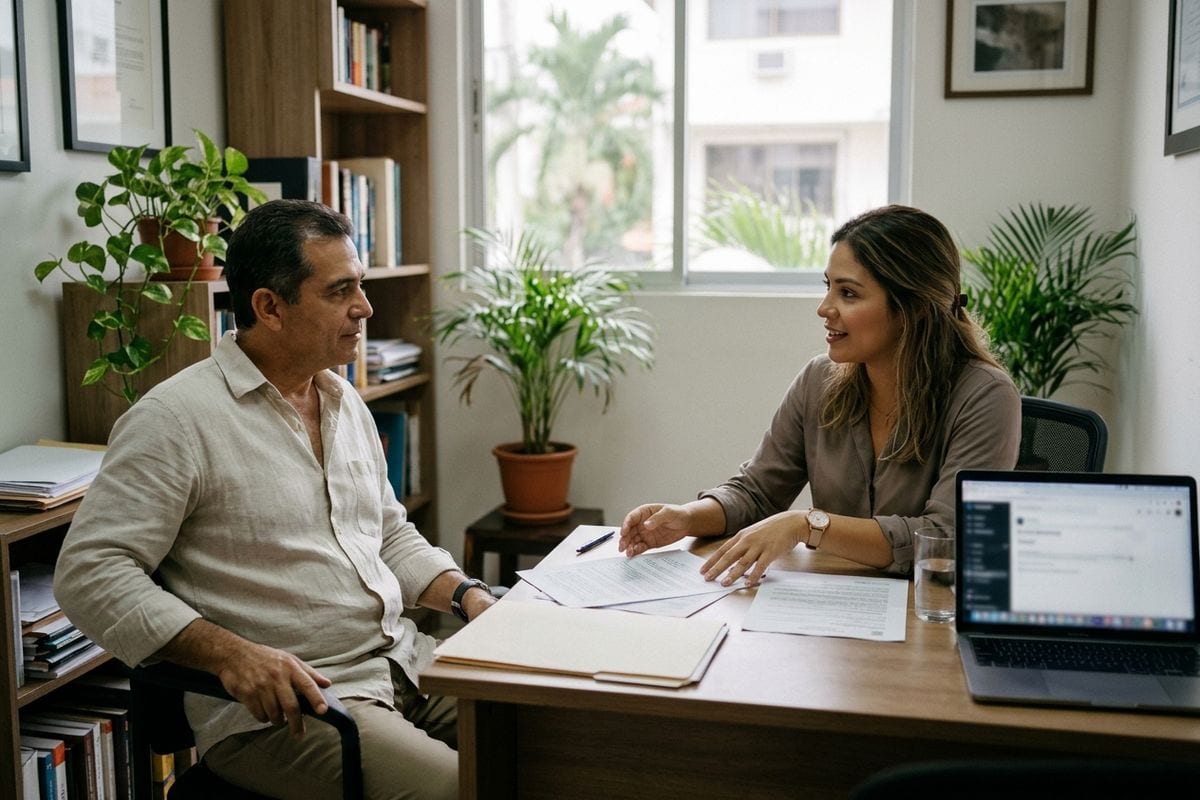 Corredora de seguros explica a un cliente las opciones de un ramo específico de seguro.