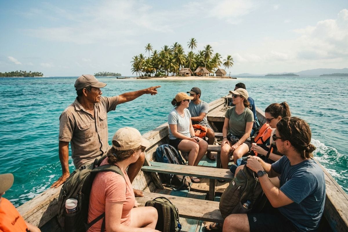 Guía turístico mostrando a viajeros una isla de San Blas desde la lancha.