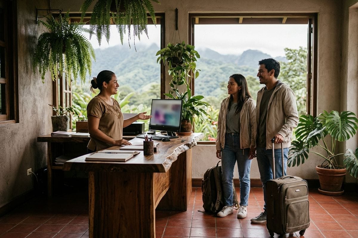 Recepcionista de un hotel boutique en Boquete atendiendo a huéspedes que reservaron directo.