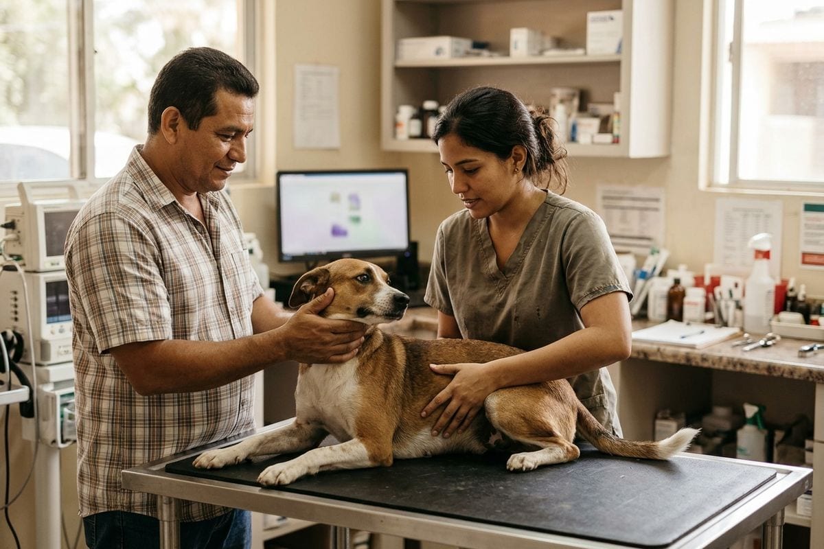 Veterinaria revisa a un perro mientras su dueña observa en la consulta.
