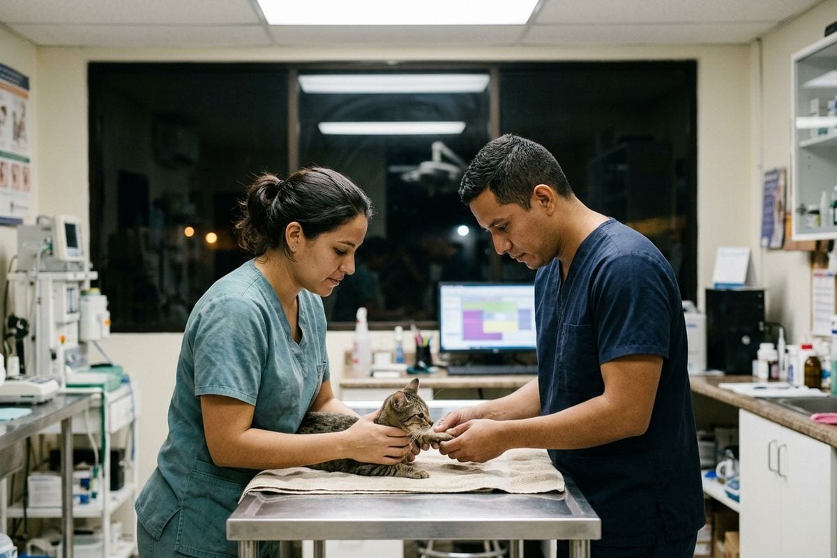 Equipo de una veterinaria atiende de noche una urgencia con un gato.