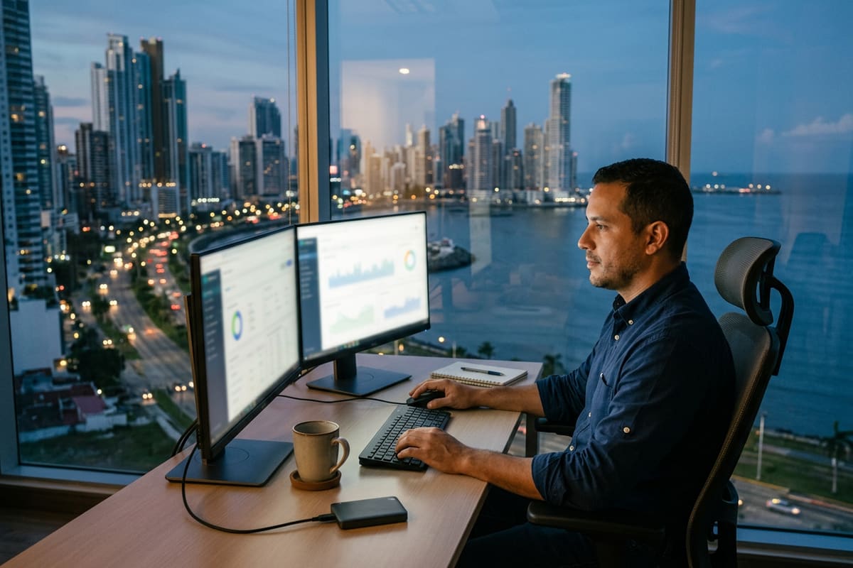 Técnico revisa monitores en una oficina de Ciudad de Panamá al atardecer, vigilando que el asistente de IA siga respondiendo bien