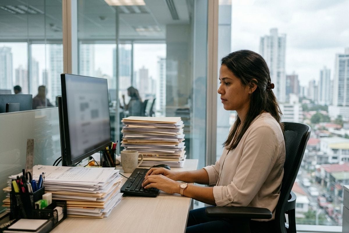 Asistente administrativa de una empresa panameña con una pila de facturas en papel junto a su computador, el trabajo repetitivo que conviene automatizar primero
