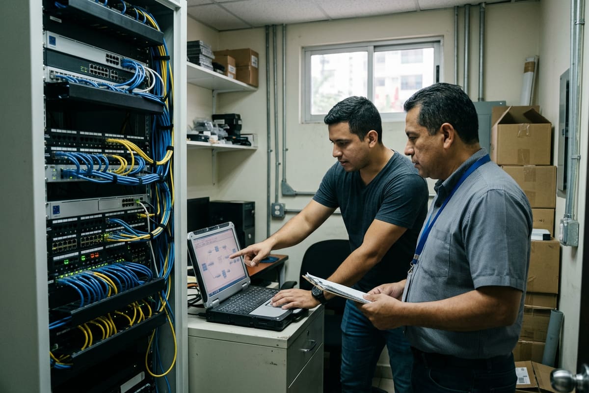 Desarrollador y gerente revisan un servidor propio de la empresa: n8n puede correr en tu infraestructura y con tus datos