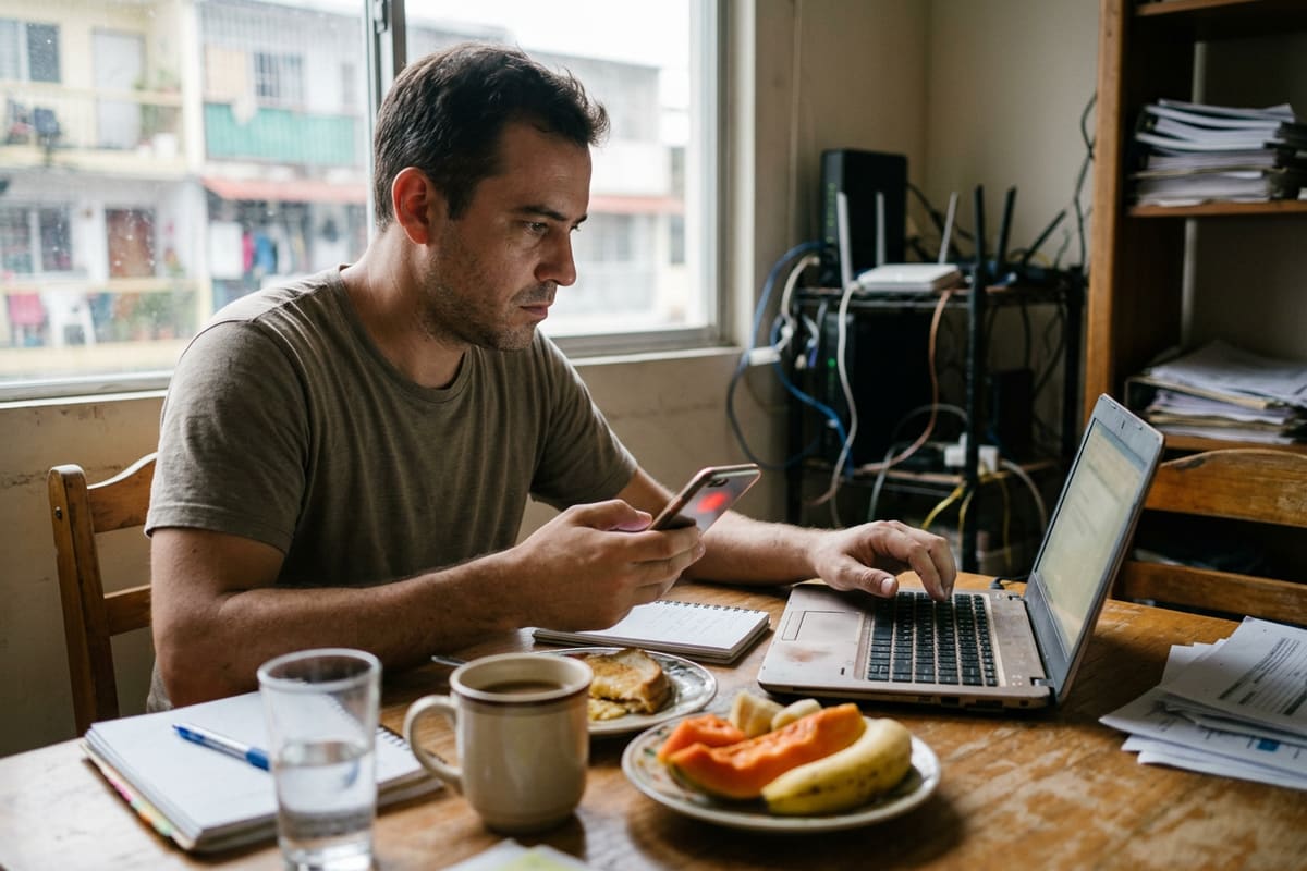 Técnico recibe un aviso en el celular y abre su laptop para arreglar un flujo antes de que se pierdan contactos