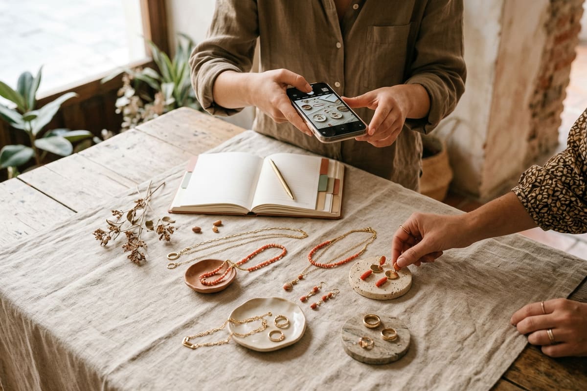 Gestora de redes fotografía las joyas de una boutique con la dueña, cuidando una línea visual reconocible para Instagram