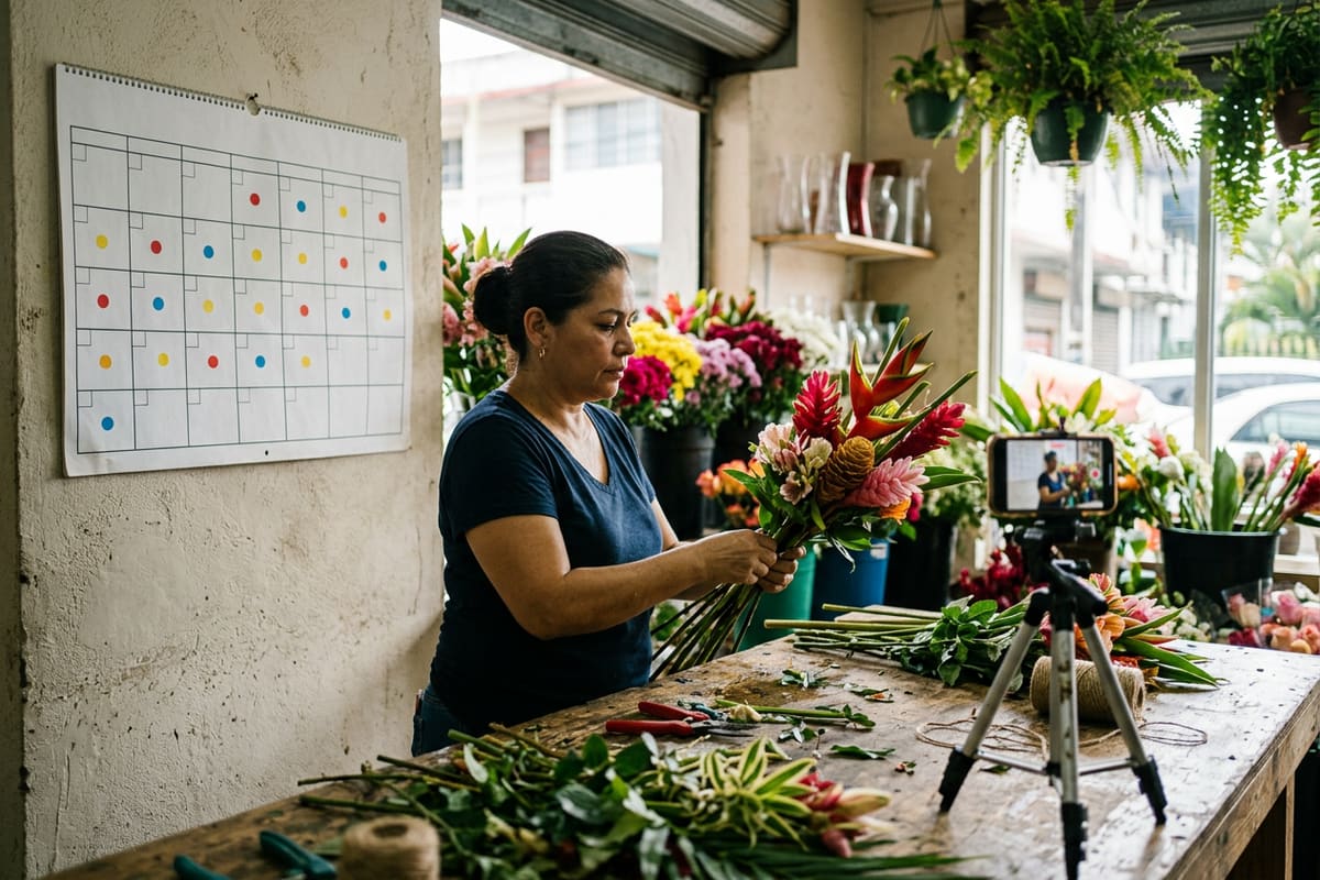 Florista graba su trabajo de cada mañana con un calendario de puntos detrás: la constancia rinde más que publicar a diario