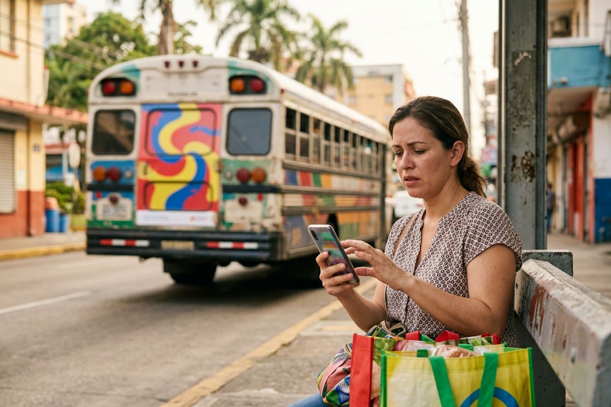 Mujer en una parada de bus pasa de largo un anuncio que ya vio muchas veces: la frecuencia alta cansa a la audiencia
