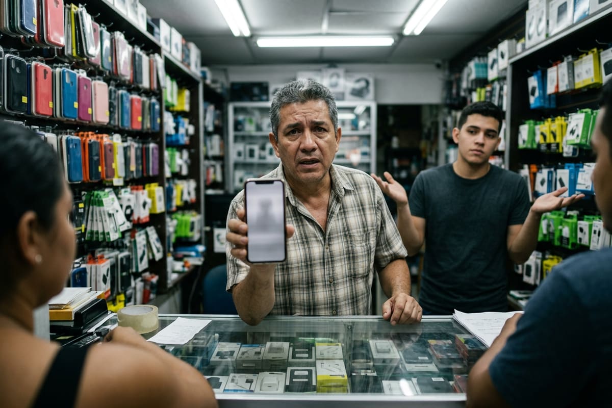 Dueño de una tienda de electrónica mira su celular inutilizado: las aplicaciones no oficiales terminan bloqueando el número