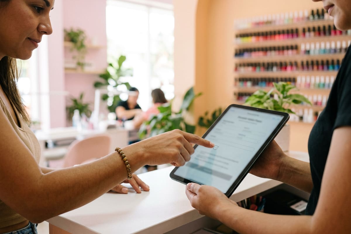 Clienta de un salón de uñas marca en una tableta que acepta recibir mensajes: el consentimiento evita los reportes
