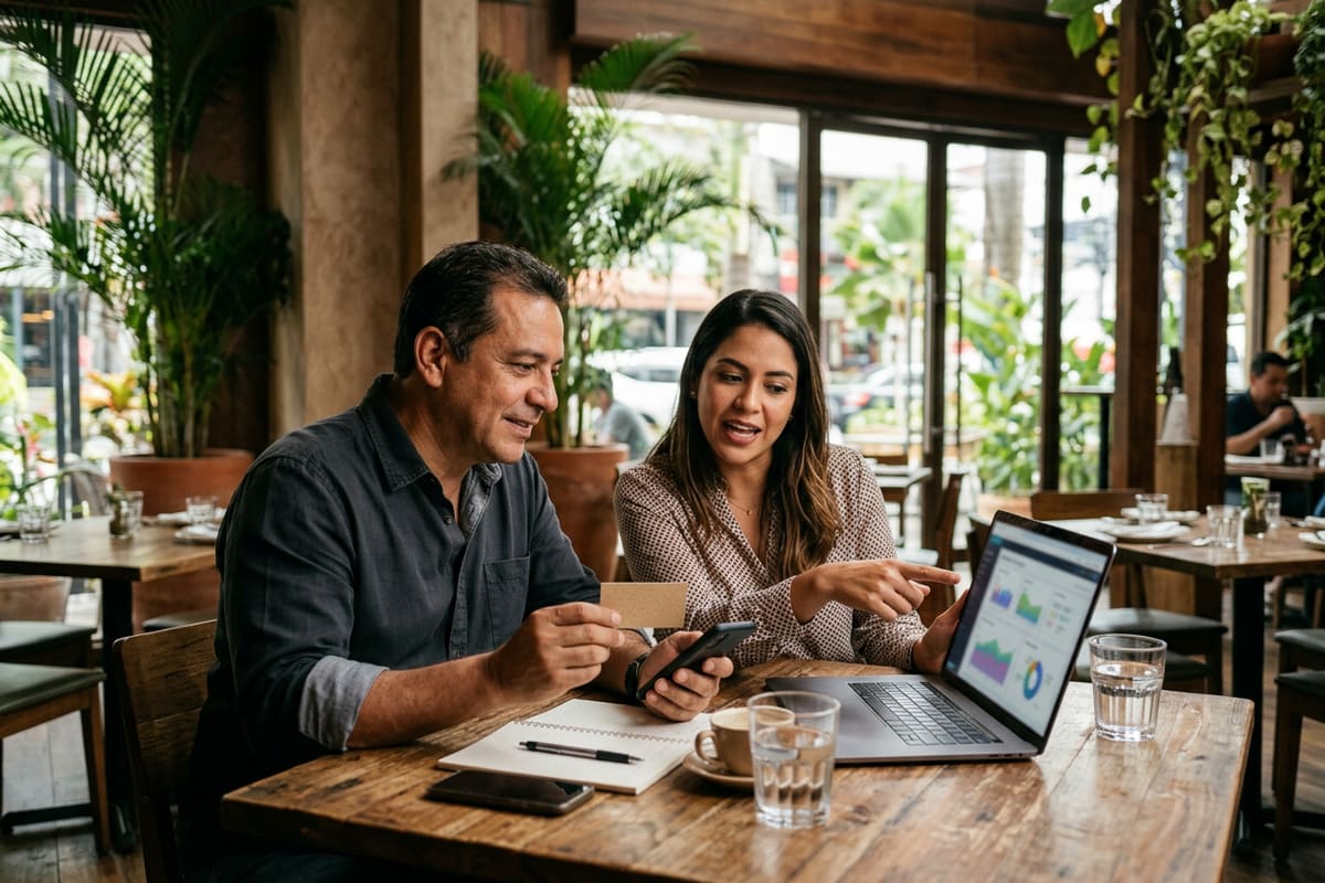 Dueño de restaurante revisa con la gestora de pauta su propia cuenta de anuncios: la inversión va directo, sin intermediarios