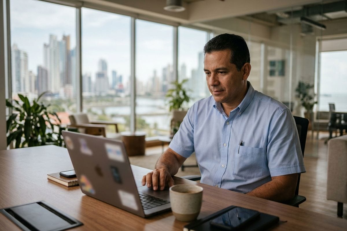 Un gerente en una oficina de Panamá compara proveedores desde su laptop antes de una reunión, como hace quien revisa tu sitio corporativo en Google, Maps o un asistente de IA.