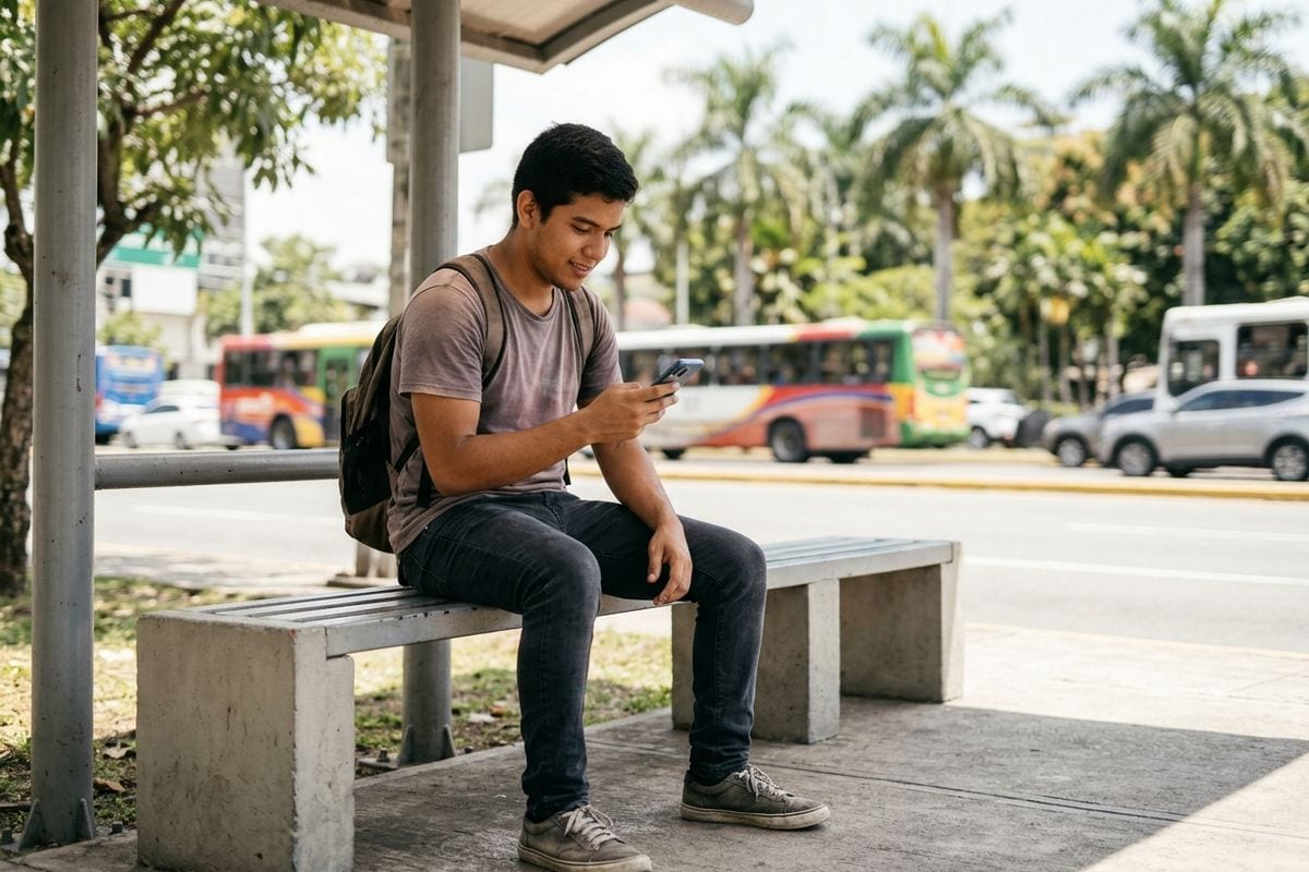 Joven en una parada de bus de Ciudad de Panamá mira un anuncio en su teléfono, el momento en que decide si sigue o cierra