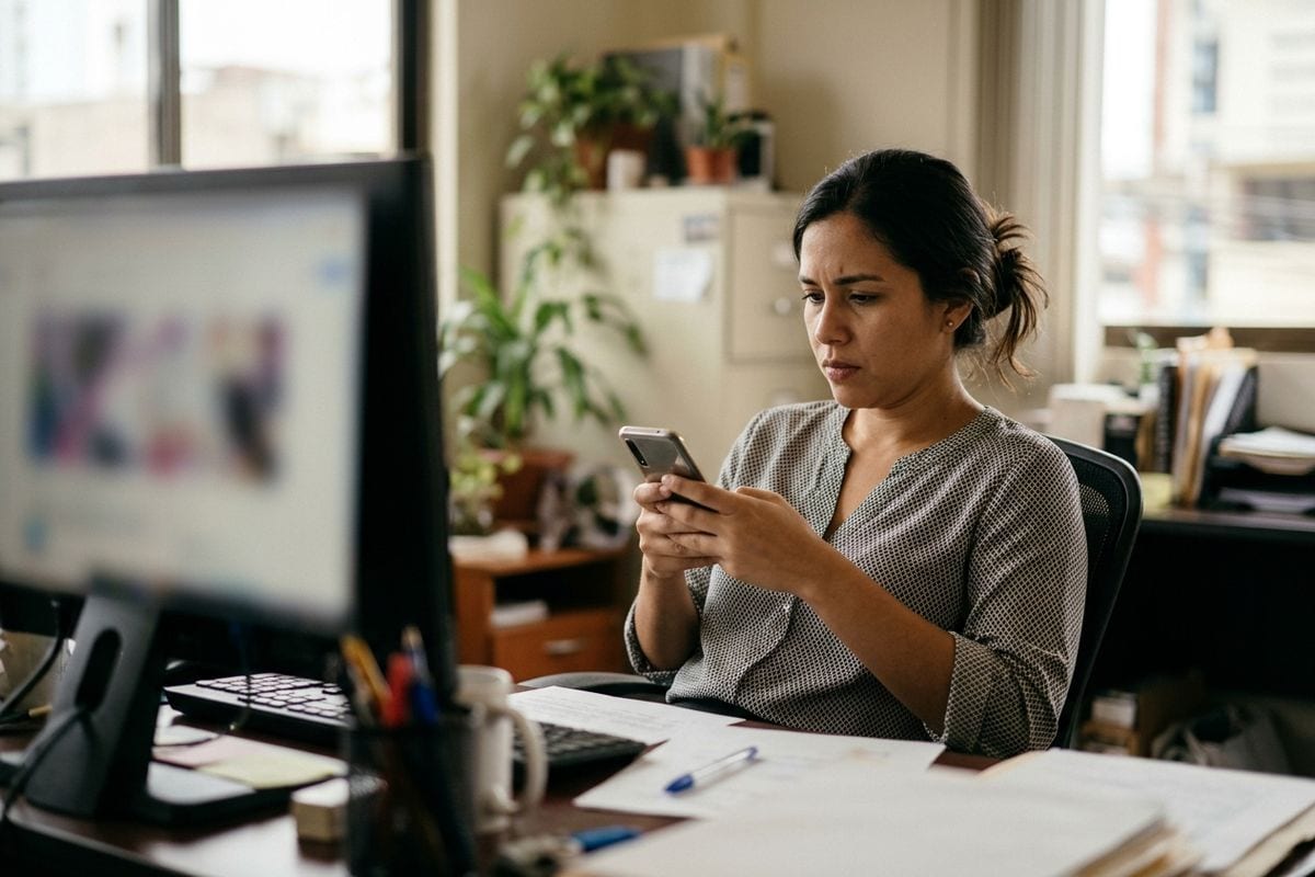 Una administradora revisa en su celular y su computadora que los correos y formularios de la empresa sigan llegando después del cambio de sitio.