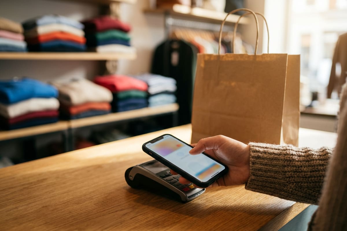 Clienta confirma un pago desde el celular en el mostrador de una boutique, el último paso que decide si la tienda vende